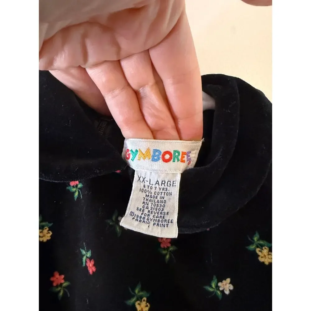 VTG 1998 Gymboree Black Velvet Floral Peter Pan Collar Holiday Dress GirlXXL 6-7